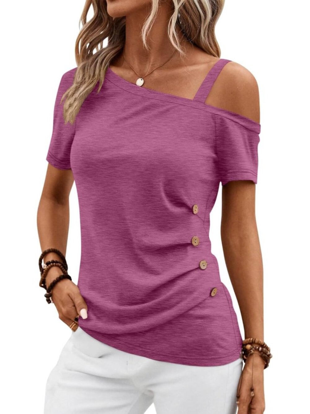 〽️ Women's Rose Pink Short Sleeve Off Shoulder Asymmetrical Button Blouses Tops